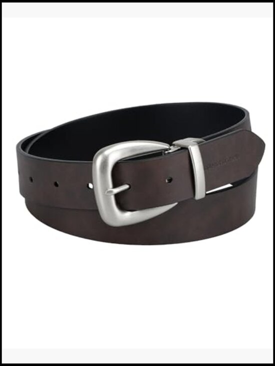 Reversible Leather and PU Belt with Western Buckle, Adjustable Fit